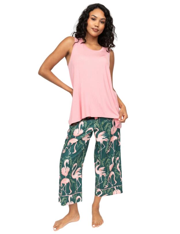 Cyberjammies Ivy Flamingo Print Wide Leg Pyjama Bottoms Emerald Green Mix