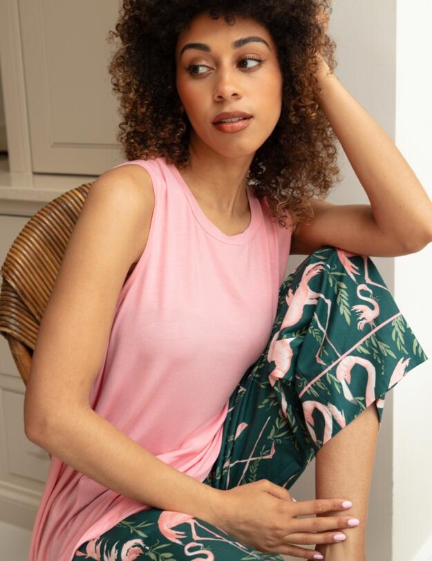 Cyberjammies Ivy Flamingo Print Wide Leg Pyjama Bottoms Emerald Green Mix