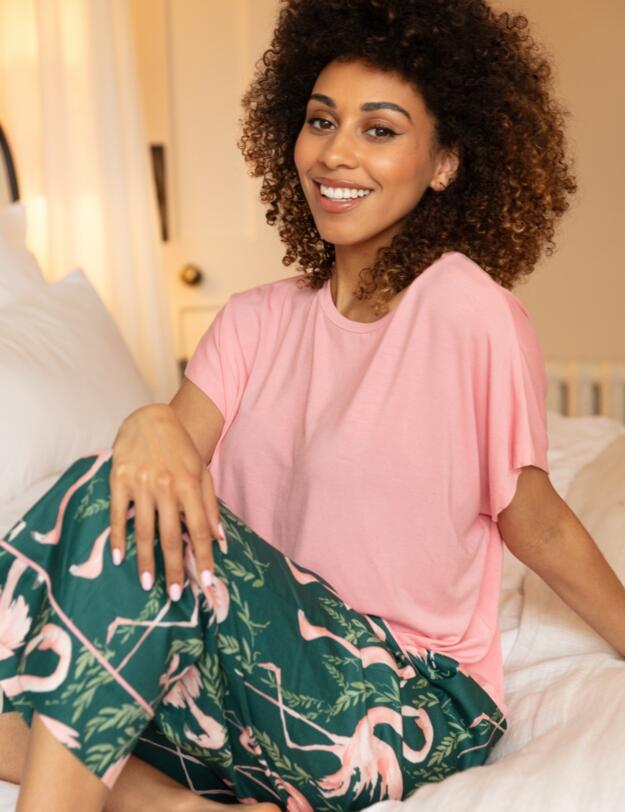 Cyberjammies Ivy Flamingo Print Wide Leg Pyjama Bottoms Emerald Green Mix