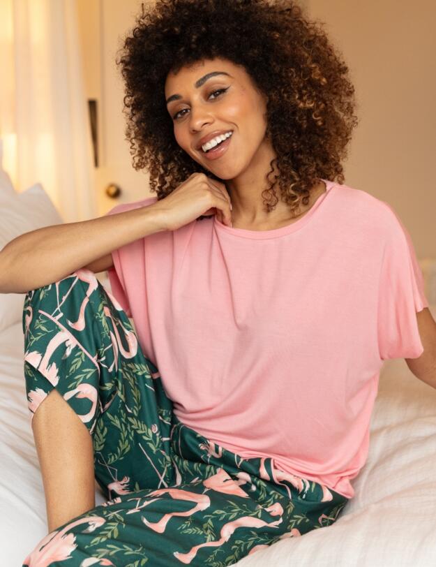Cyberjammies Ivy Flamingo Print Wide Leg Pyjama Bottoms Emerald Green Mix