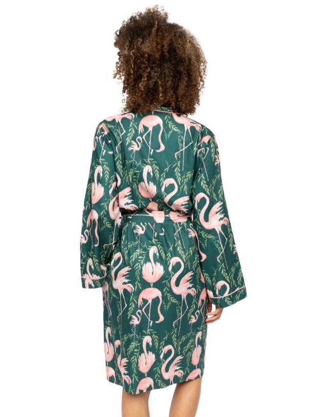 Cyberjammies Ivy Flamingo Print Short Dressing Gown Emerald Green Mix