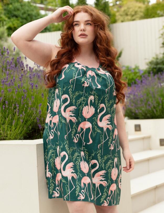 Cyberjammies Ivy Flamingo Print Short Nightdress Emerald Green Mix