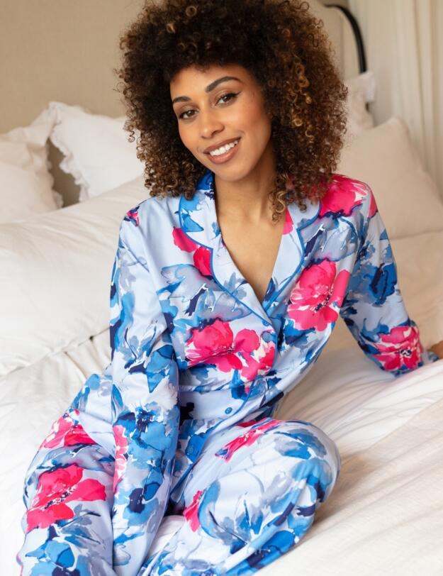 Cyberjammies Lyla Floral Print Wide Leg Pyjama Bottoms Blue Mix