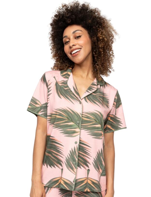 Cyberjammies Lea Leaf Print Jersey Pyjama Top Salmon Pink Mix