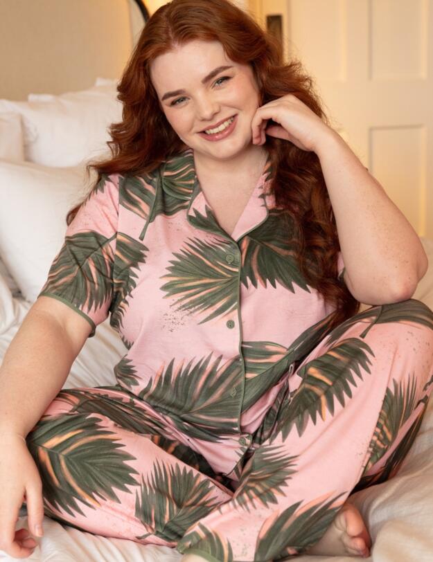 Cyberjammies Lea Leaf Print Jersey Pyjama Bottoms Salmon Pink Mix