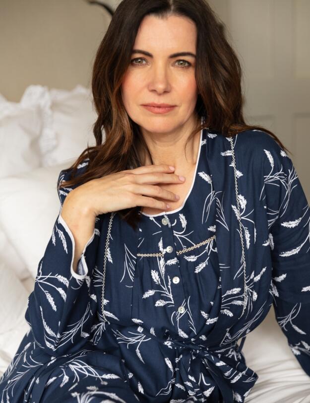 Cyberjammies Nora Rose Louisa Wheatsheaf Print Long Dressing Gown Navy Mix