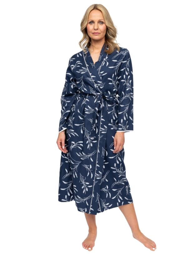 Cyberjammies Nora Rose Louisa Wheatsheaf Print Long Dressing Gown Navy Mix