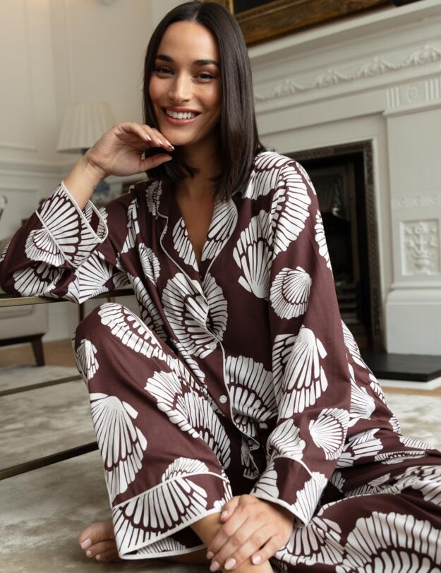 Cyberjammies Fable & Eve Battersea Shell Print Pyjama Set Chocolate Brown Mix