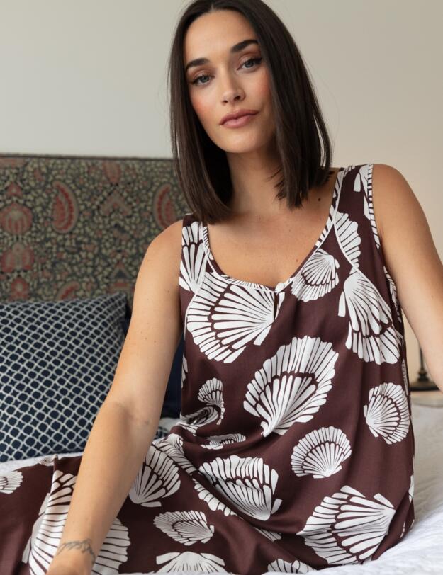 Cyberjammies Fable & Eve Battersea Shell Print Long Nightdress Chocolate Brown Mix