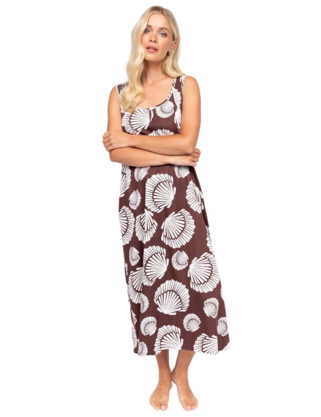 Cyberjammies Fable & Eve Battersea Shell Print Long Nightdress Chocolate Brown Mix