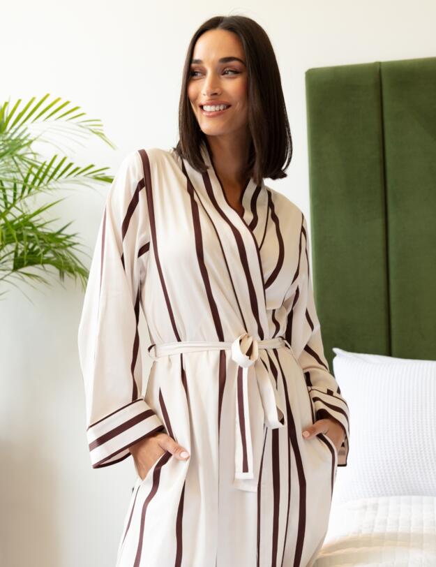Cyberjammies Fable & Eve Battersea Stripe Long Dressing Gown Ivory Mix