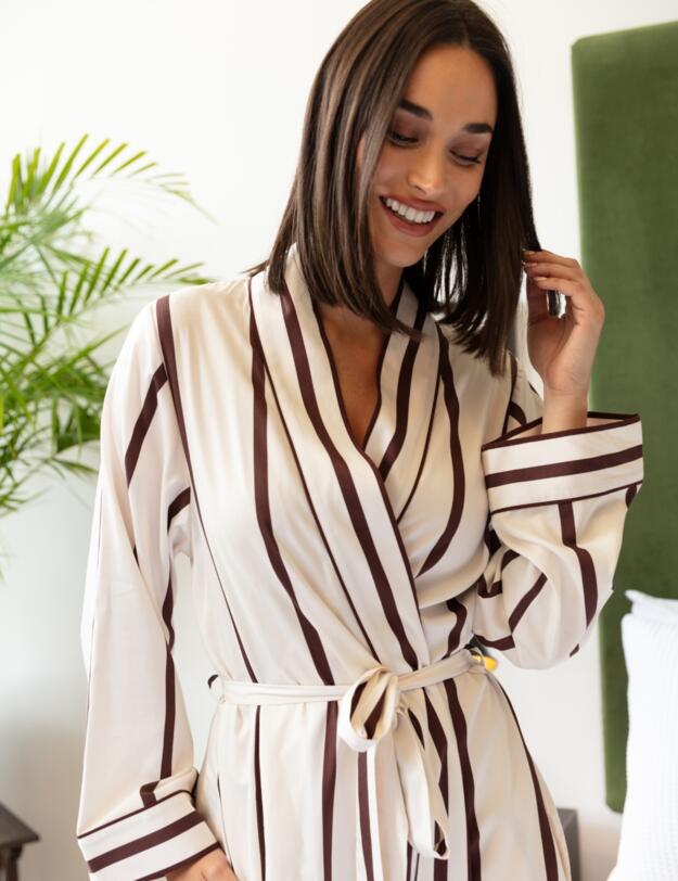 Cyberjammies Fable & Eve Battersea Stripe Long Dressing Gown Ivory Mix