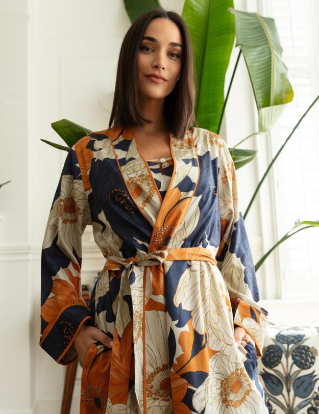 Cyberjammies Fable & Eve Southwark Floral Print Long Dressing Gown Navy Mix