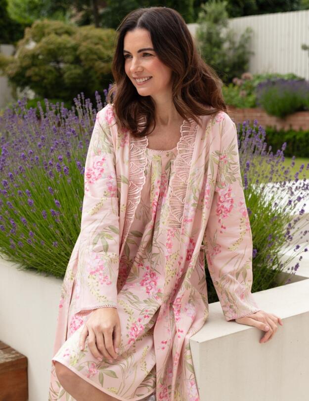 Cyberjammies Nora Rose Sally Floral Print Midi Dressing Gown Peach
