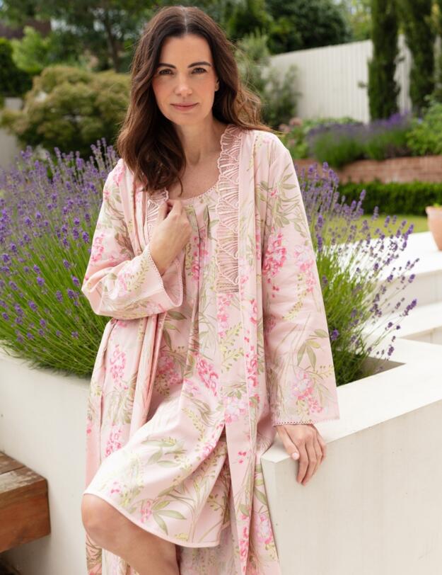 Cyberjammies Nora Rose Sally Floral Print Midi Dressing Gown Peach