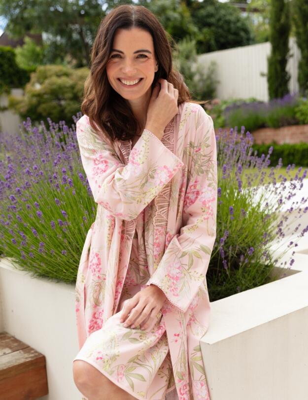 Cyberjammies Nora Rose Sally Floral Print Midi Dressing Gown Peach