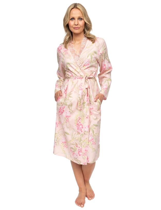 Cyberjammies Nora Rose Sally Floral Print Midi Dressing Gown Peach