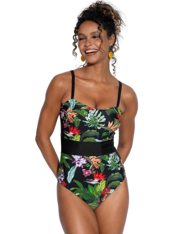 Pour Moi Palermo Panelled Tummy Control Swimsuit Black Tropical