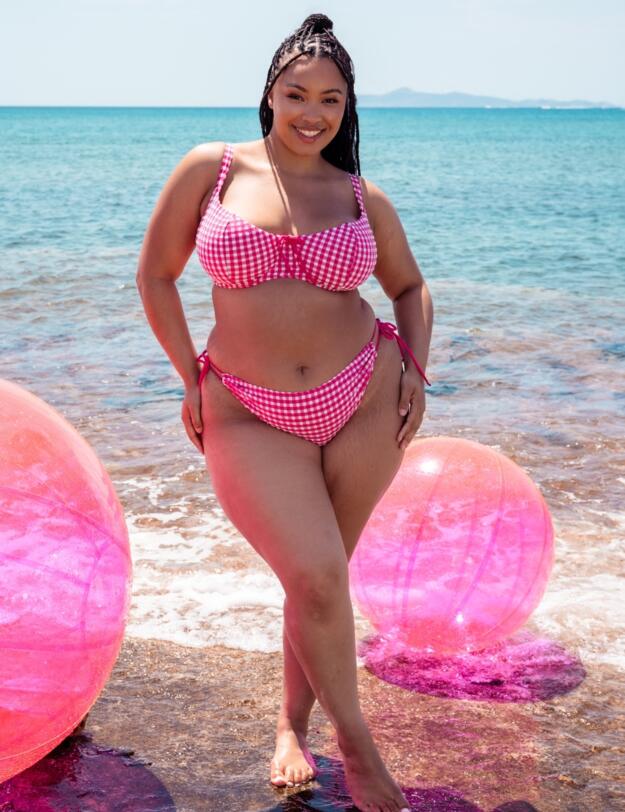 Curvy Kate Holiday Check Scooped Balcony Bikini Top Raspberry Pink 