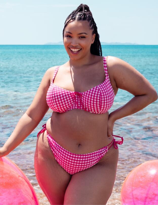 Curvy Kate Holiday Check Scooped Balcony Bikini Top Raspberry Pink 