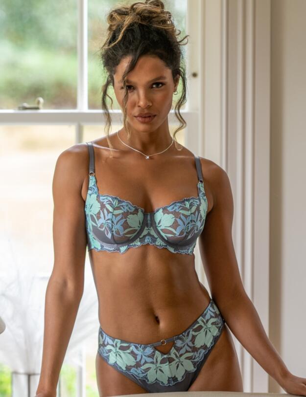 Pour Moi Roxanne Embroidered High Leg Mesh Brief Slate/Mint/Blue 