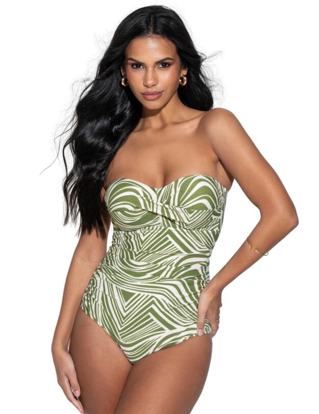 Pour Moi Santa Monica Strapless Tummy Control Swimsuit Khaki Stripe