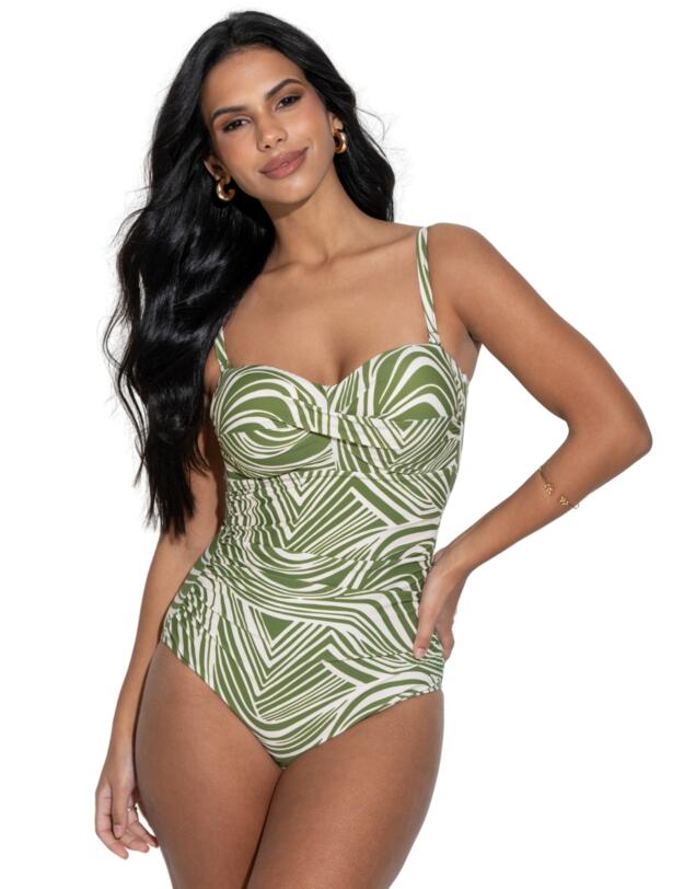 Pour Moi Santa Monica Strapless Tummy Control Swimsuit Khaki Stripe