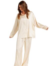 Chelsea Peers Satin Bridal Stripe Button Up Long Pyjama Set Cream 