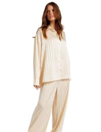 Chelsea Peers Satin Bridal Stripe Button Up Long Pyjama Set Cream 