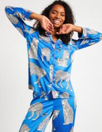 Chelsea Peers Satin Leopard Button Up Pyjama Set Blue 