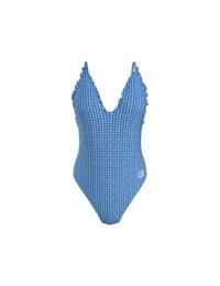 Tommy Hilfiger Tommy Gingham Plunge One Piece Swimsuit Island Blue and White Gingham